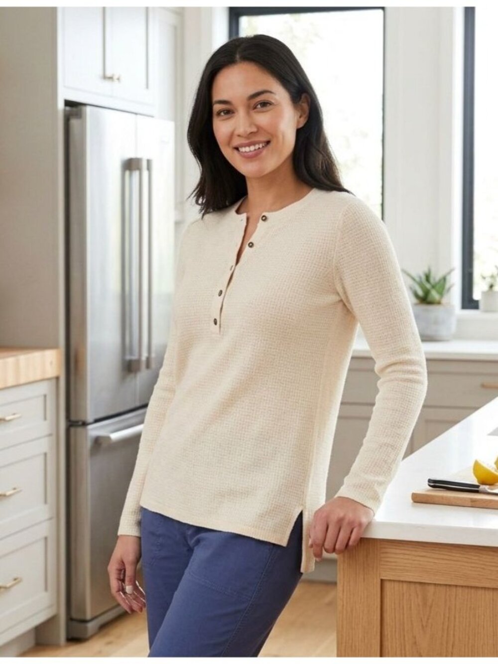 GH Bass S Henley Button Top Lightweight Long Sleeve Shirt Texture Pointelle Knit
